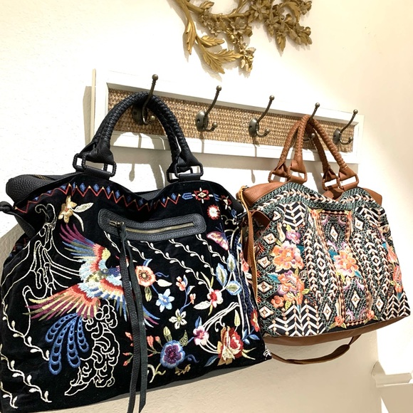 Johnny Was Black Denim & Leather with Floral Embroidery Dreamer Overnight Tote - Picture 9 of 14